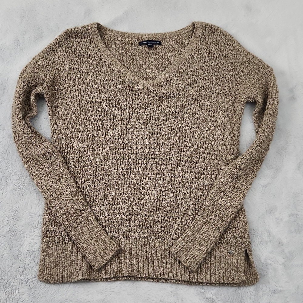 American Eagle XS Marled Knit V-Neck Sweater Beige Long Sleeve Cozy - Picture 4 of 12